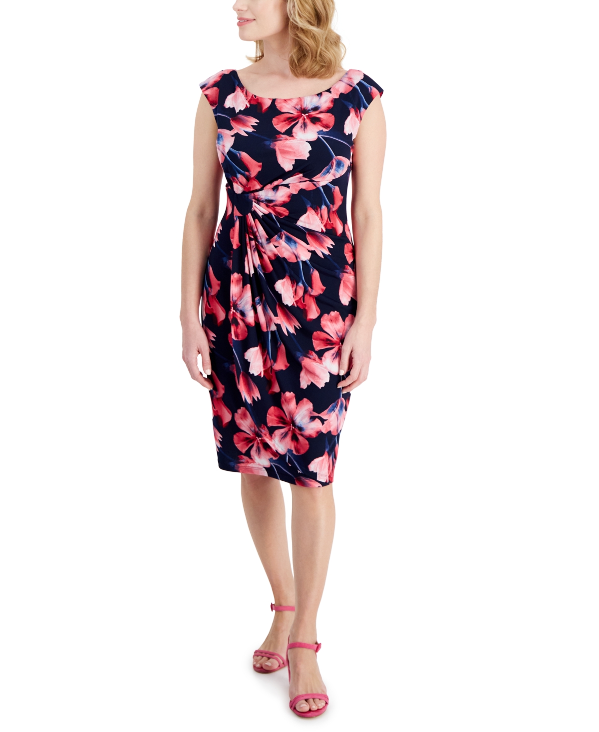 Shop Connected Petite Printed Side-gathered Sheath Dress In Nvy,fus