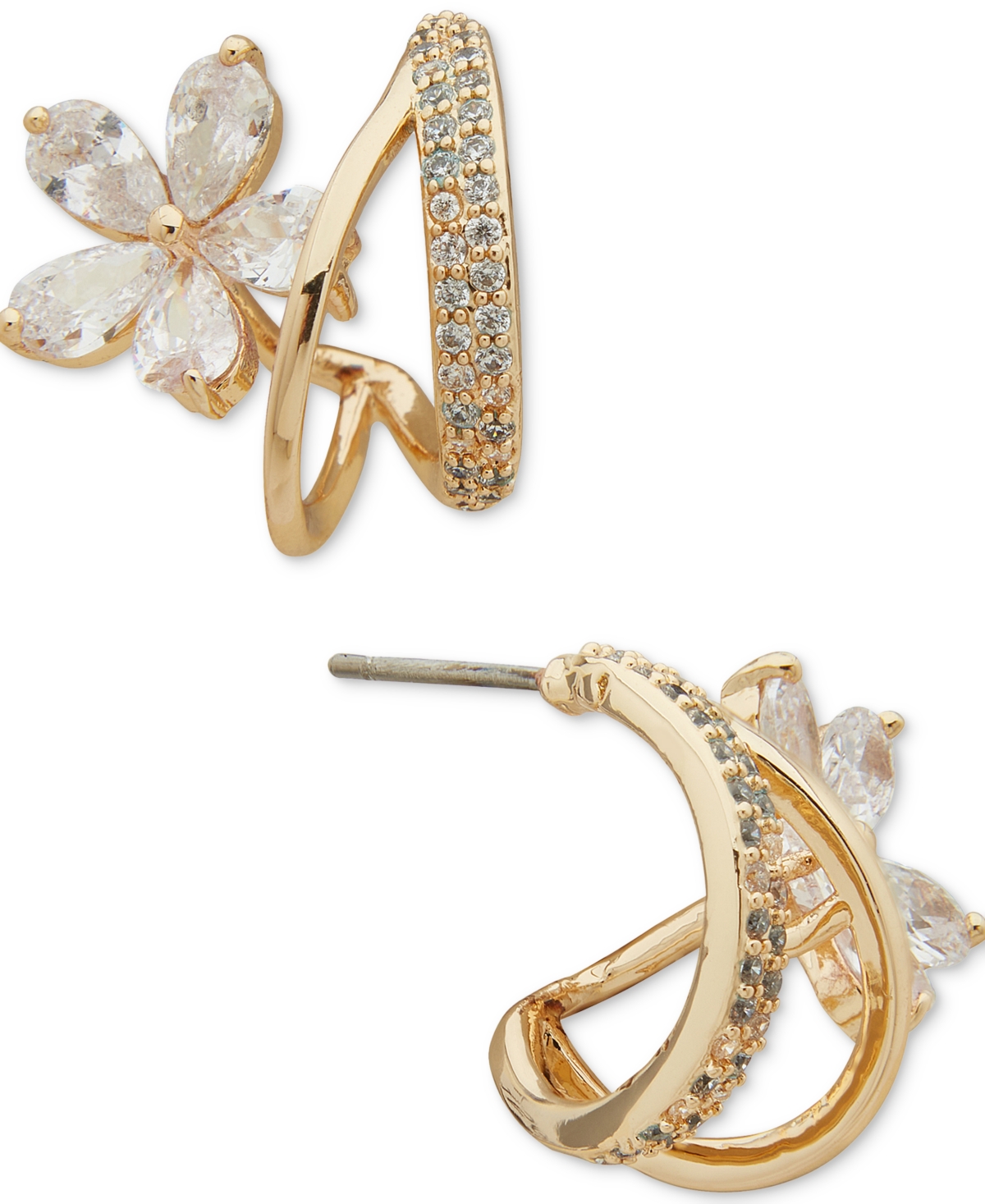 Gold-Tone Crystal Flower Small Hoop Earrings, .58" - White