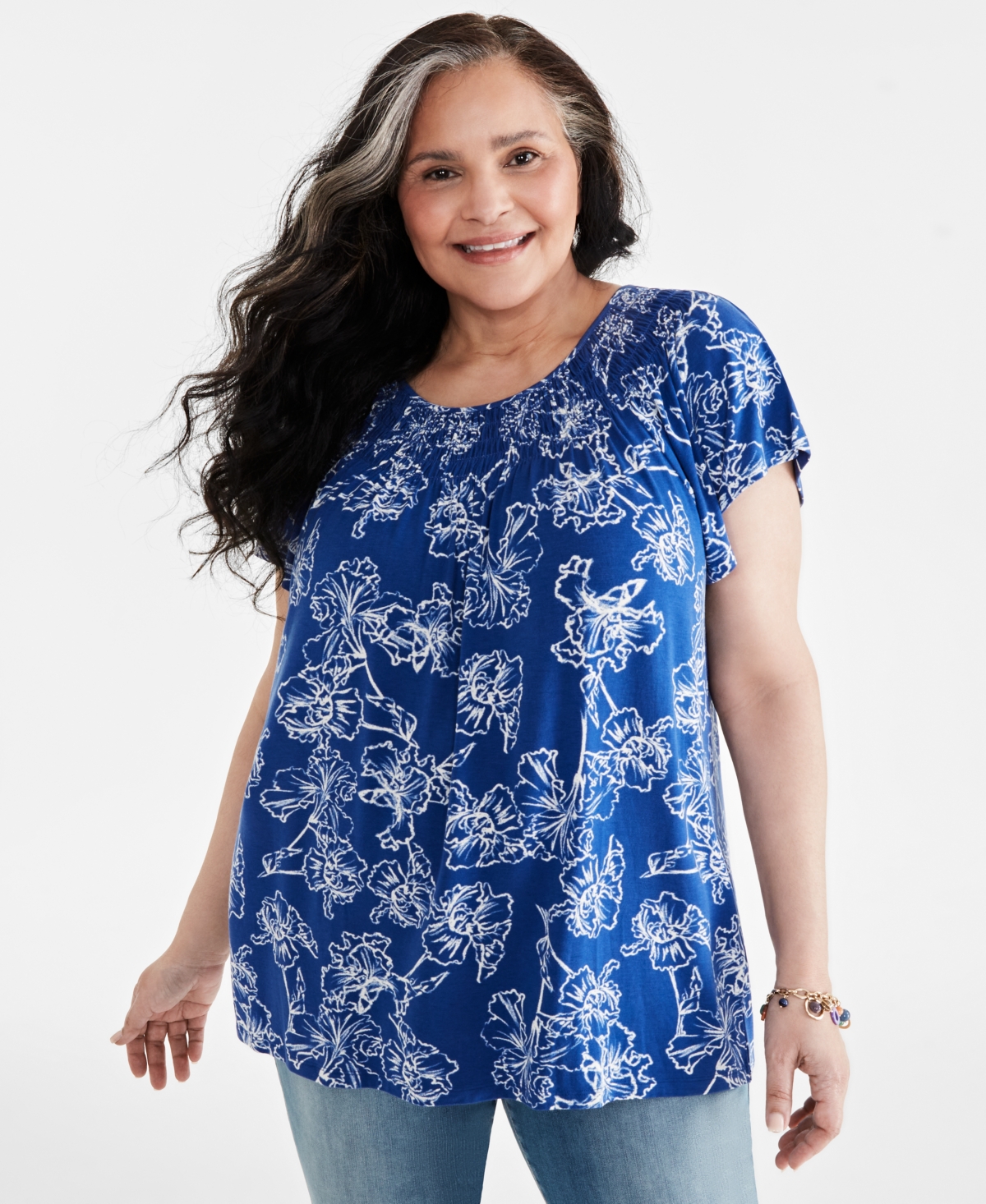 Plus Size Printed Gathered Scoop-Neck Flutter-Sleeve Top, Created for Macy's - Iris Blue