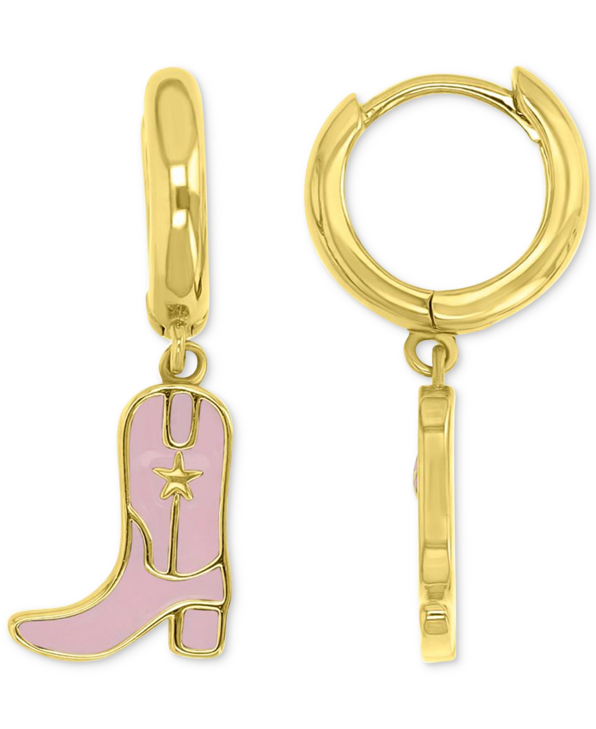 Pink Enamel Cowboy Boot Dangle Hoop Drop Earrings in 14k Gold-Plated Sterling Silver - Pink