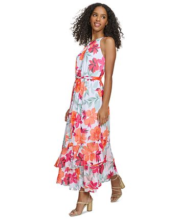 Calvin klein printed 2025 halter ruffle gown