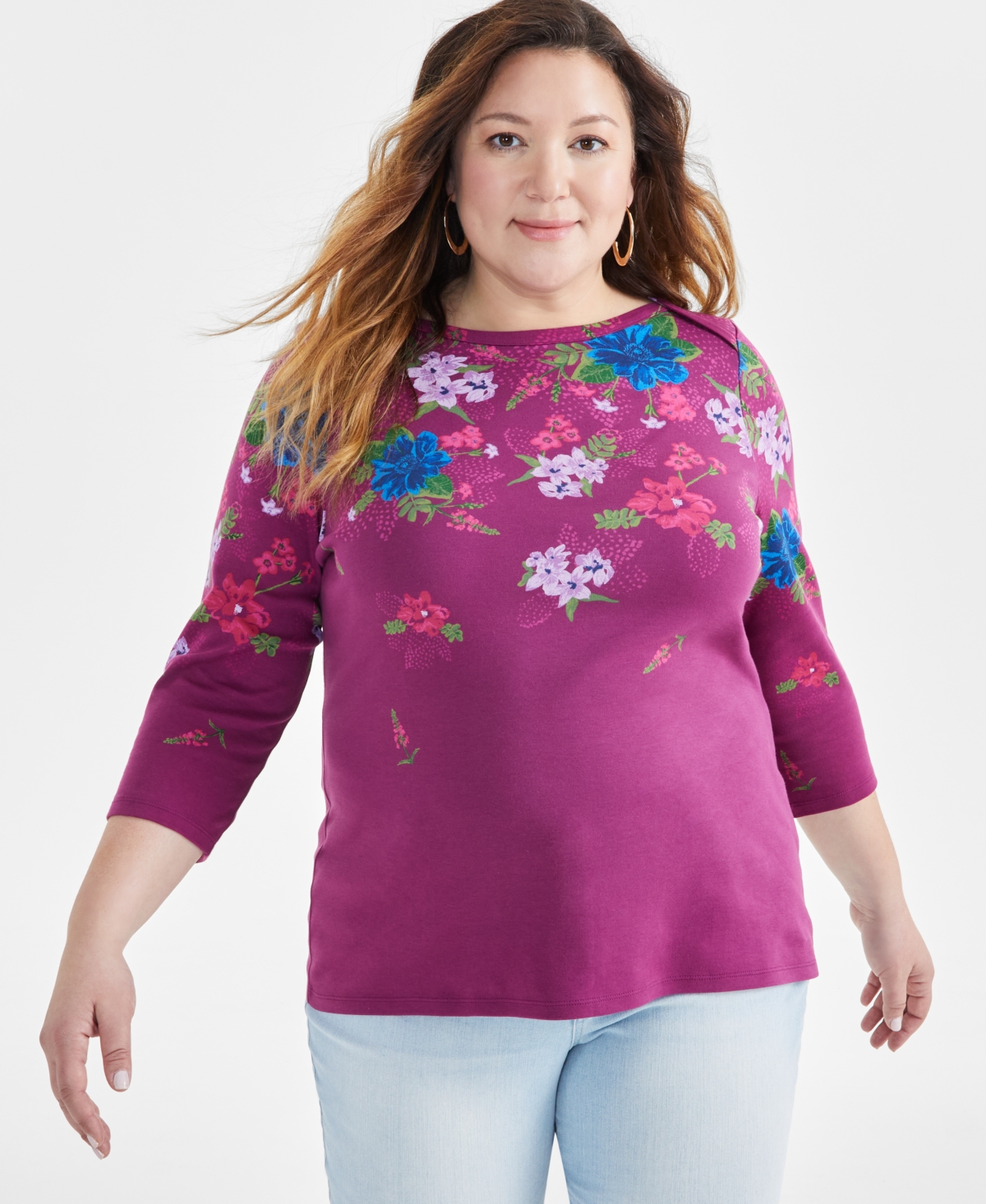 Plus Size Printed Pima Cotton Top, Created for Macy's - Floral Purple
