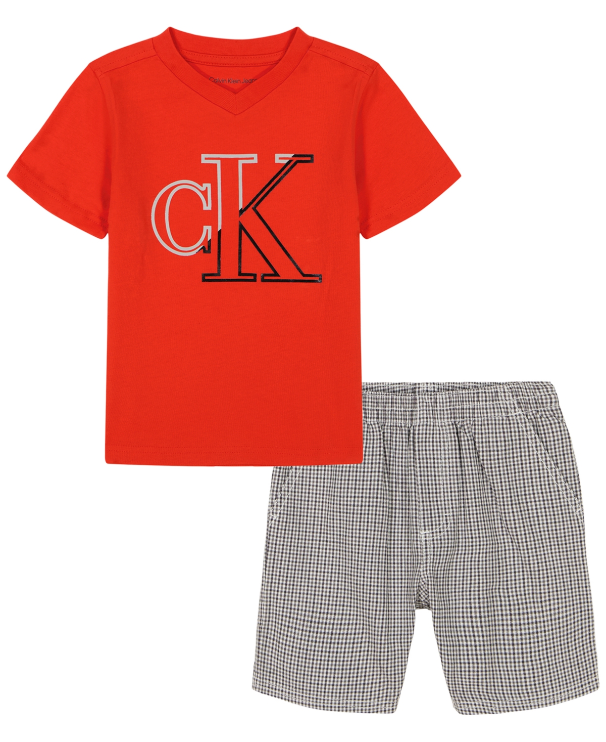 Calvin Klein Kids' Little Boys Monogram V-neck T-shirt And Plaid Shorts In Red,plaid