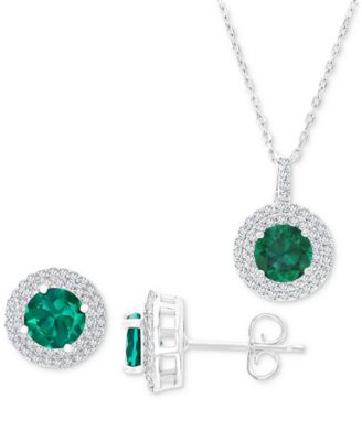 Macy's - 2-Pc. Set Lab-Grown Emerald (3 ct. t.w.) & Lab-Grown White Sapphire (1 ct. t.w.) Halo Pendant Necklace & Matching Stud Earrings in Sterling Silver