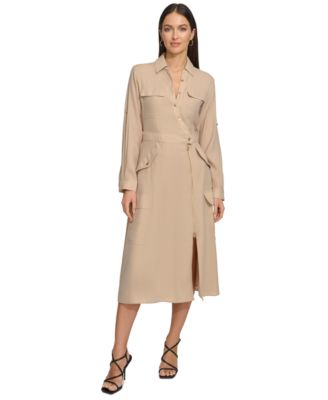 DKNY - Women's Long-Sleeve Silky Cargo Midi Dress