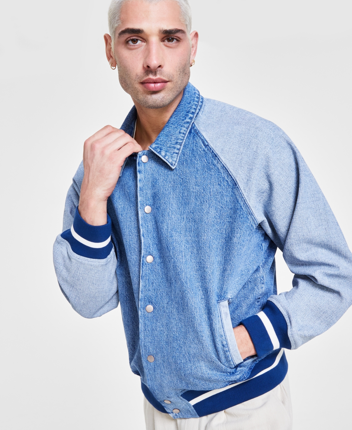 Shop Sun + Stone Men's Coastal Colorblocked Denim Varsity Jacket, Created For Macy's