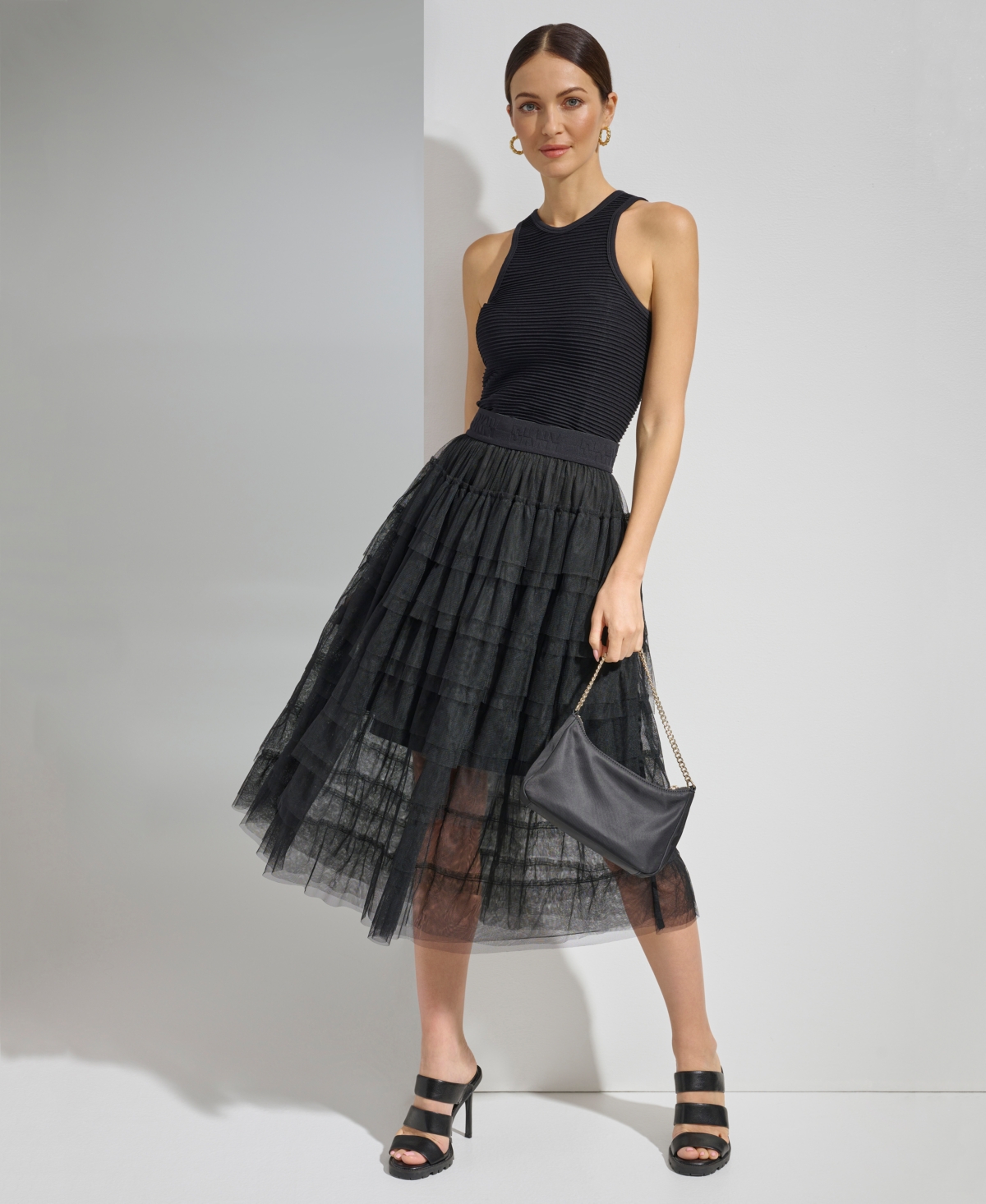 Women's Tiered Tulle Midi Skirt - Black