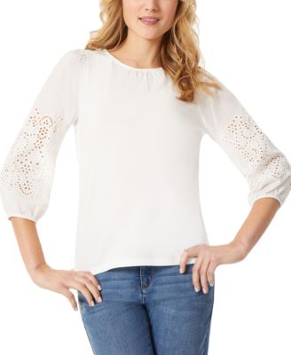 Jones New York - Women's Eyelet-Sleeve Shirred-Neck Top