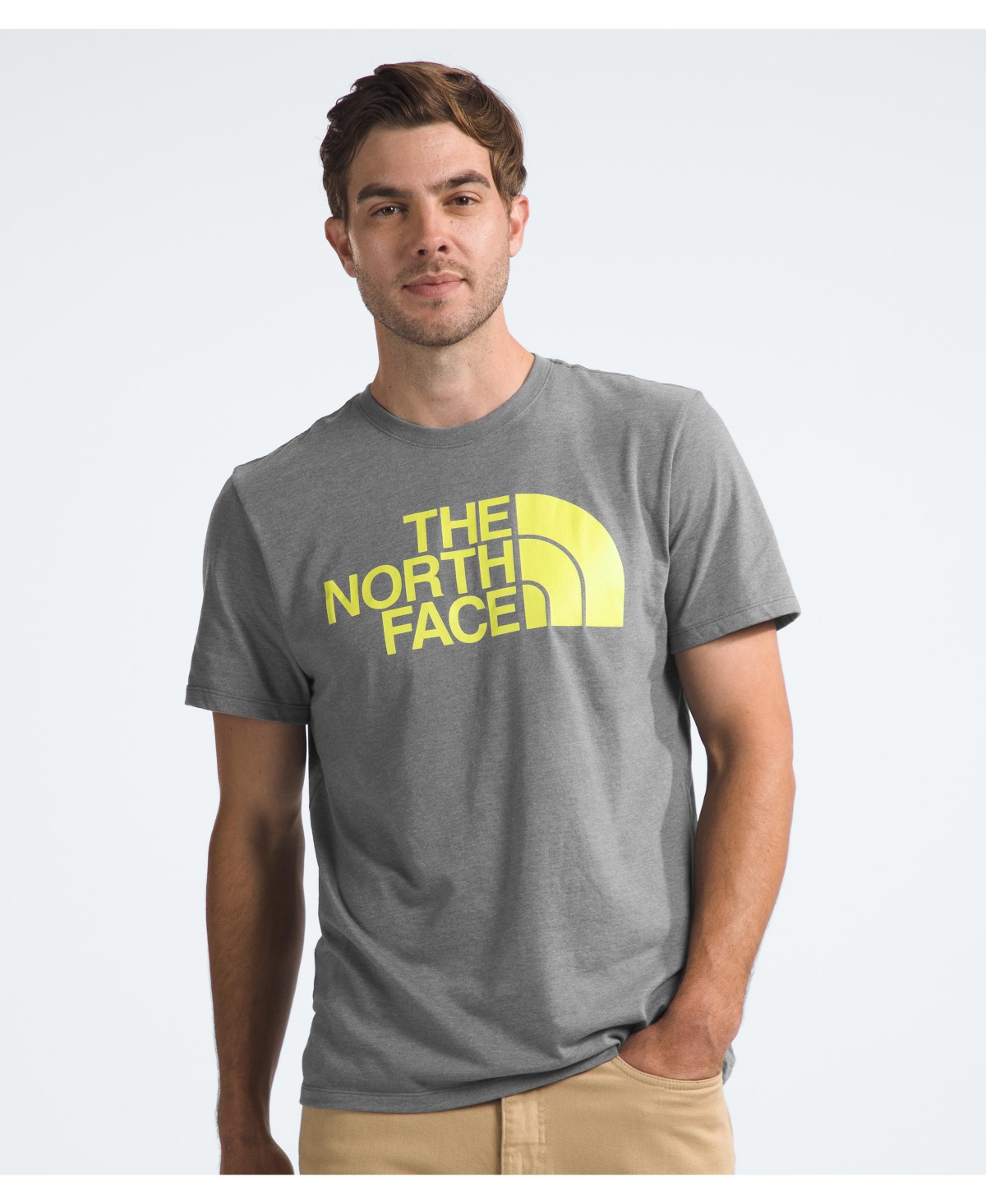Shop The North Face Men's Half-dome Logo T-shirt In Tnf Medium Gray Heather,lemon Yellow
