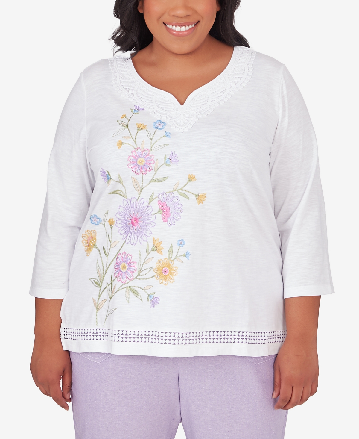 Shop Alfred Dunner Plus Size Garden Party Floral Embroidery Top With Lace Details In Off White