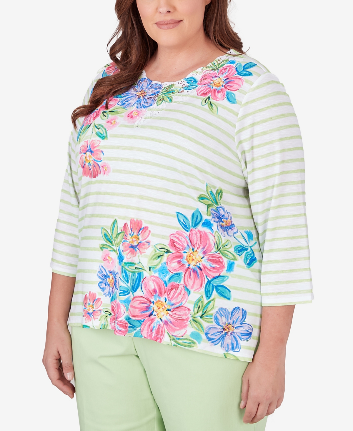 Alfred Dunner Plus Size Miami Beach Asymmetrical Stripe Floral Top