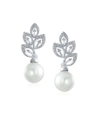 Statement Pave CZ Cubic Zirconia Leaf Simulated Pearl Drop Earrings Plated