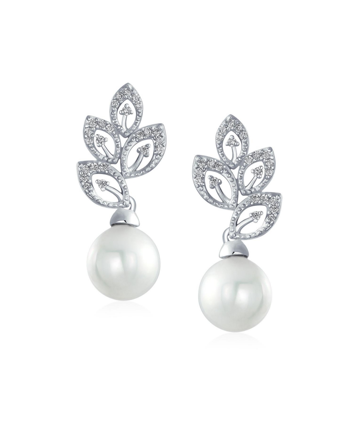 Bling Jewelry Clear Cz Statement Fashion Leaf White Simulated Pearl Drop Earrings For Women For Prom Rhodium Plated Brass
