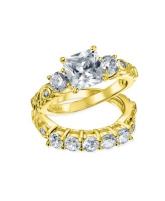 Cubic Zirconia 3CT Square Princess Cut Solitaire Three Stone Past Present Future CZ Promise Ring Set Band Gold Plated Sterling Silver