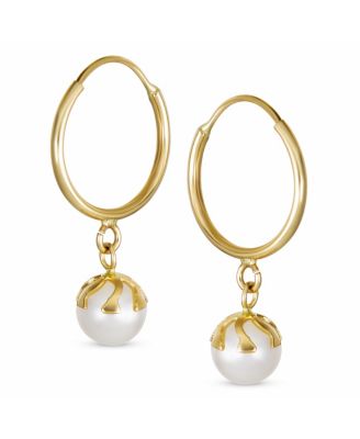 Petite Tiny10K Yellow Gold White 4.5 MM Round Freshwater Cultured Pearl Drop Ball Dangle Hoop Earring