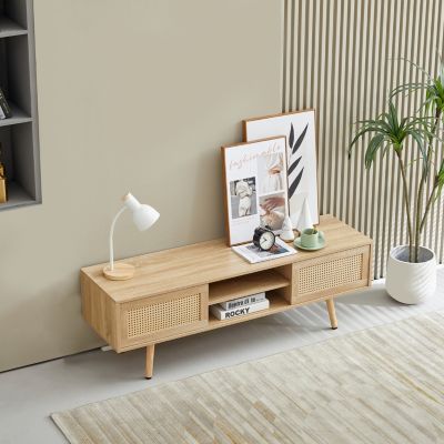 Natural Rattan TV Cabinet with Sliding Doors