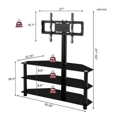 35 inch Black Multi-function TV Stand Height Adjustable Bracket Swivel 3-Tier