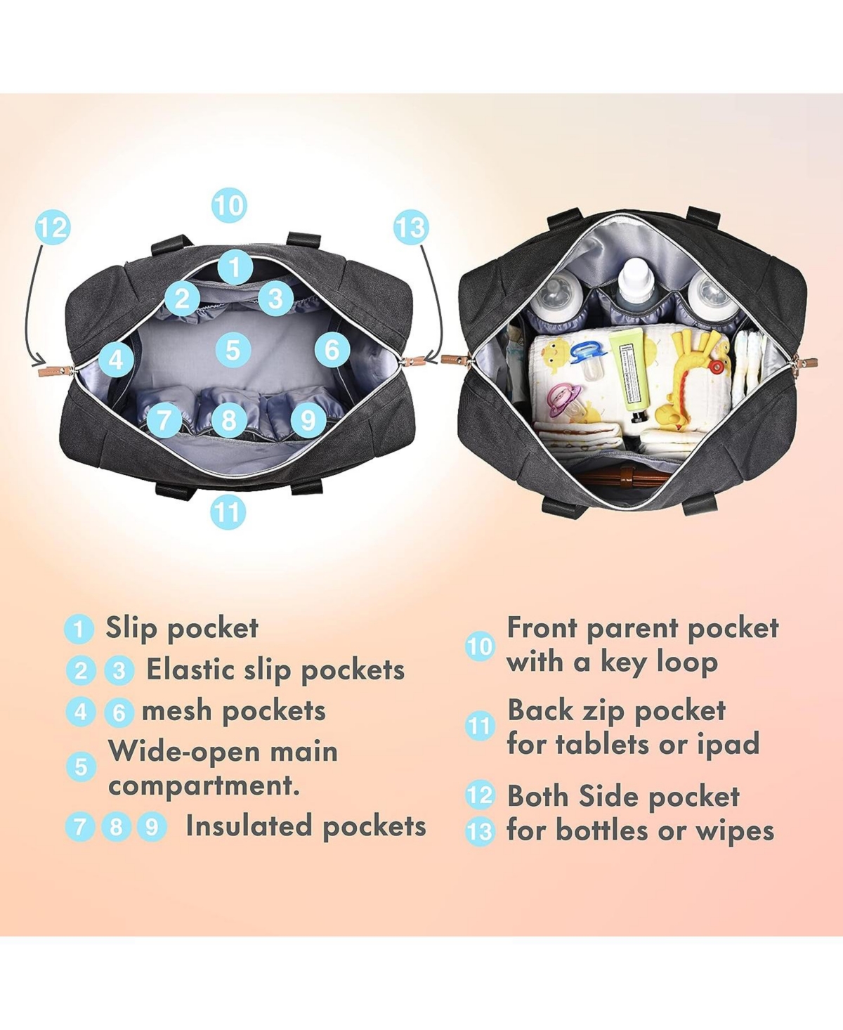 Dikaslon Diaper Bag Tote with Pacifier Case and Changing Pad, Travel Diaper Tote for Mom and Dad
