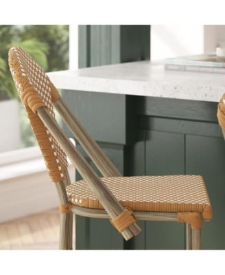 Celia Set Of Two Indoor/Outdoor Stacking Bistro Counter Stools With White And Gray Patterned Seats And Backs & Bamboo Finished Metal Frames