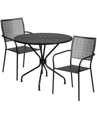 Commercial Grade 35.25" Round Metal Garden Patio Table Set, 2 Square Back Chairs