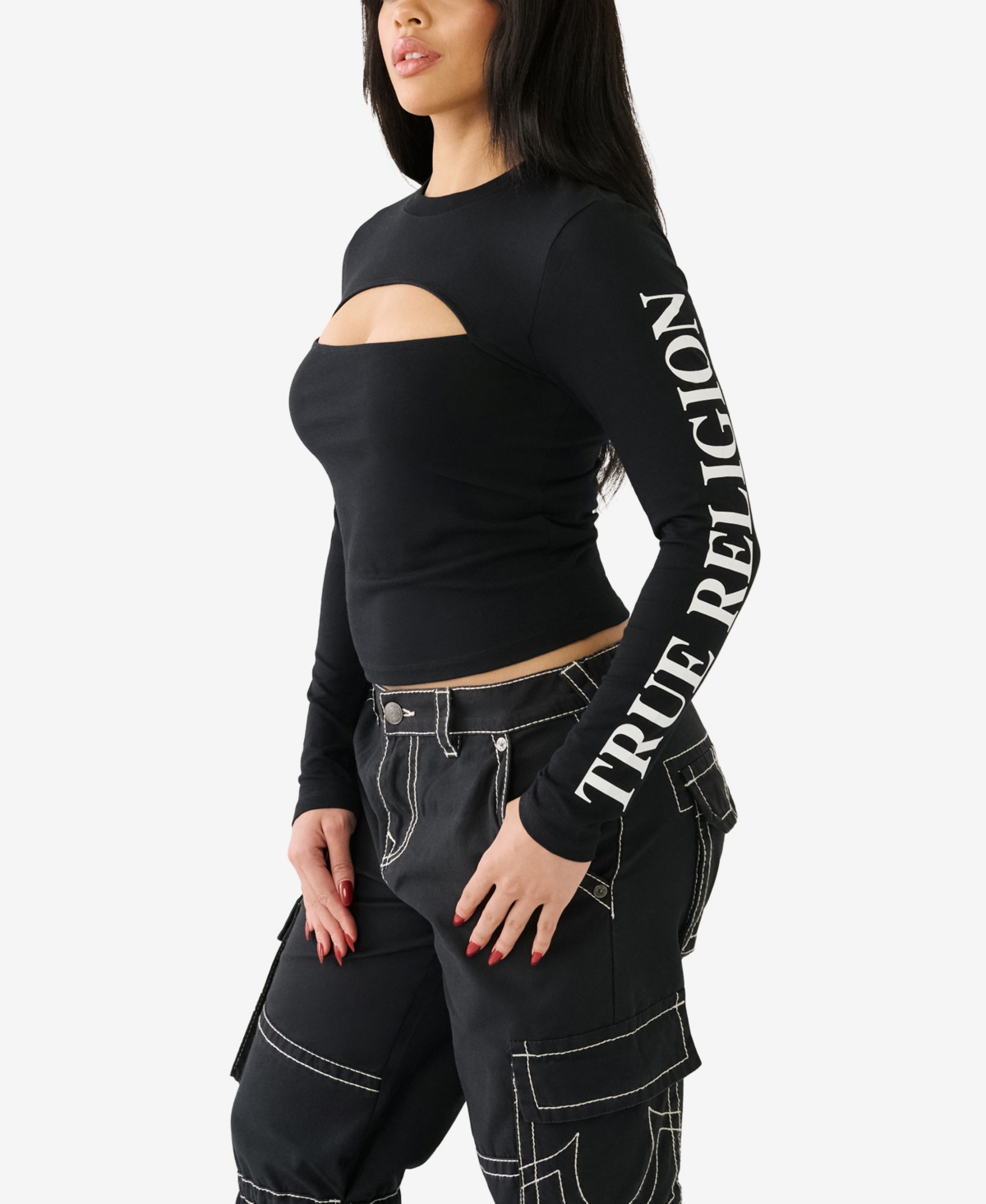 Shop True Religion Women's Long Sleeve Cut Out T-shirt In Jet Black