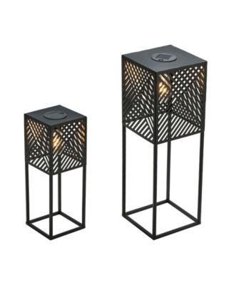 23.75" H, 17.75" H Set of 2 Metal Stripes Geometric Solar Powered Edison Bulb Outdoor Floor Lantern or Planter Stands