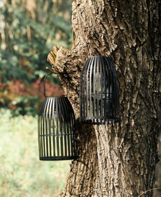 9.75" H Set of 2 Metal Stripes Solar Powered Edison Bulb Outdoor Hanging Lantern