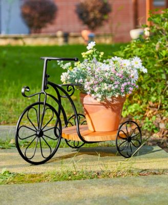 18" L Metal Tricycle Planter Stand with Natural Solid Wood Tray