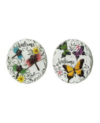 9.75" D Set of 2 Cement Stepping Stones with Fluttering Butterflies and Dragonflies Pattern