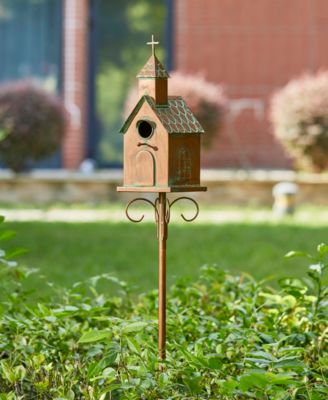 53"H Farmhouse Faux Copper Distressed Metal Church Outdoor Decorative Garden Birdhouse with Stake