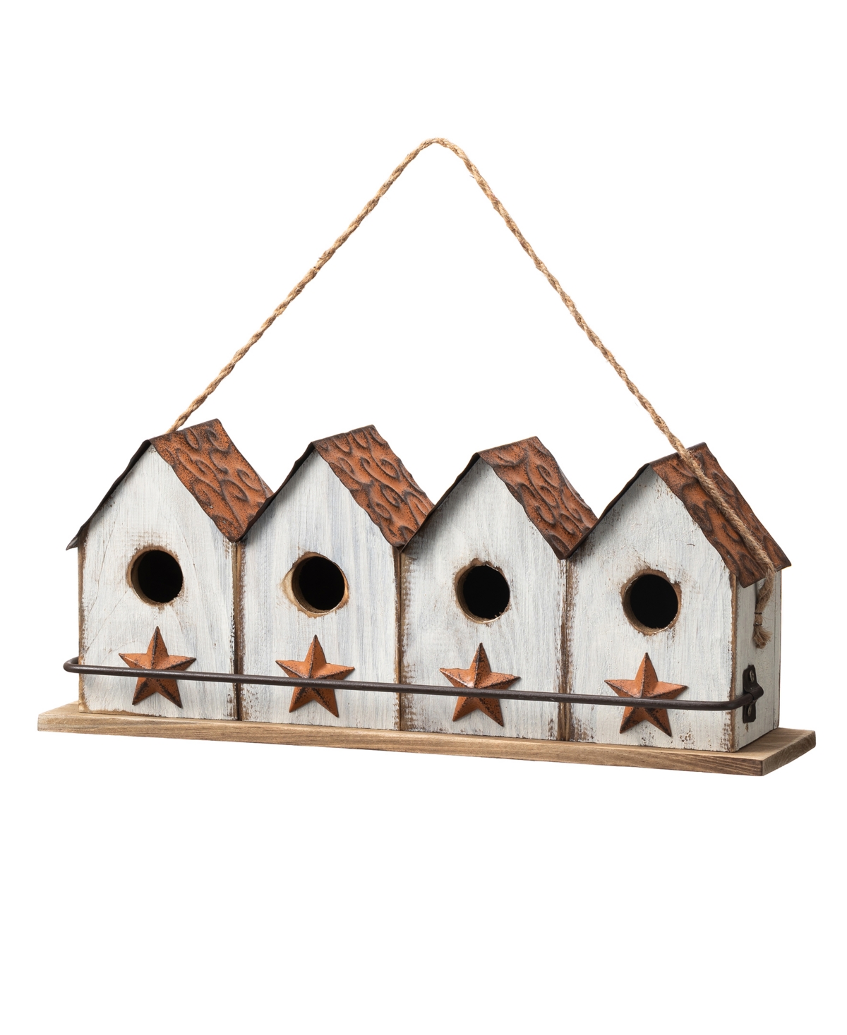 17" L Washed White Distressed Solid Wood 4-Room Villa Garden Birdhouse with Perch - Multi