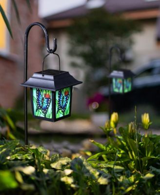 30" H Set of 2 Solar Powered Butterfly Scene Pattern Garden Lamp or Pathway Light with Ground Stake