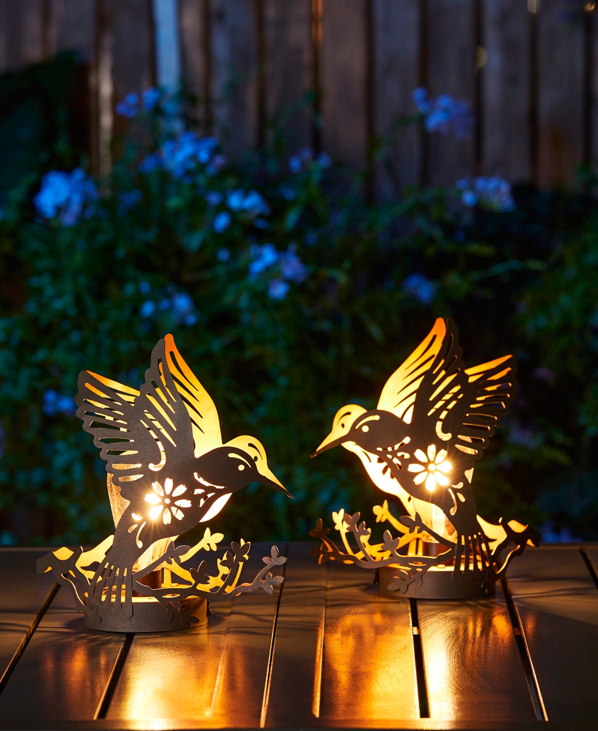 Glitzhome 9.75" H Set Of 2 Black And Gold-tone Metal Cutout Flying Hummingbird Silhouette Solar Powered Edison In Multi