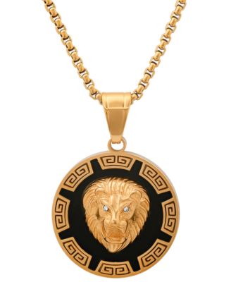 Men's Two-Tone Stainless Steel Simulated Diamond Lion Head Greek Accent 24" Pendant Necklace