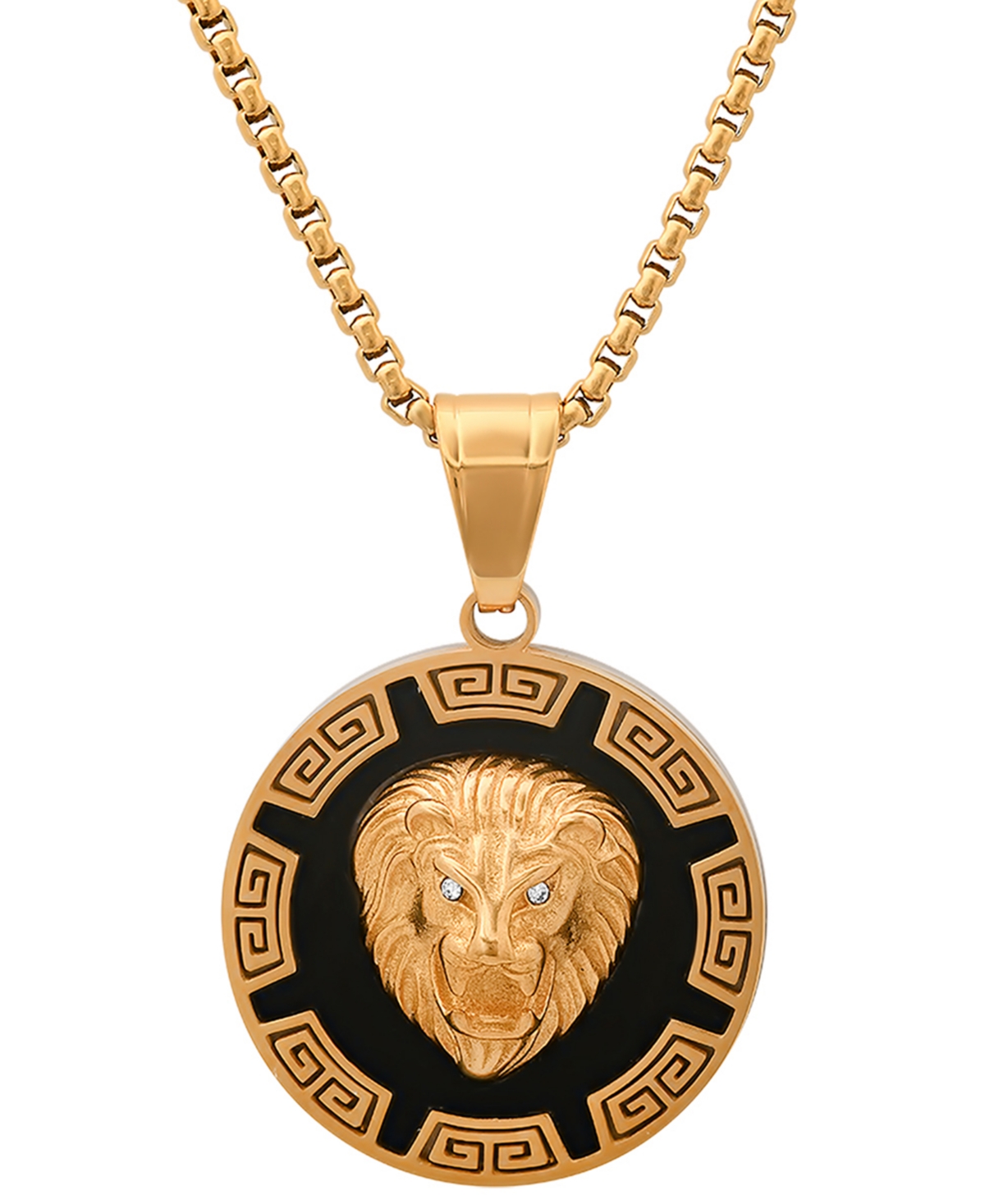 Steeltime Men's Two-Tone Stainless Steel Simulated Diamond Lion Head Greek Accent 24" Pendant Necklace