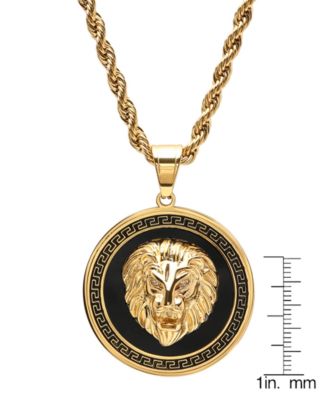 Men's Two-Tone Stainless Steel Simulated Diamond Lion Head On Greek Key Mount 24" Pendant Necklace