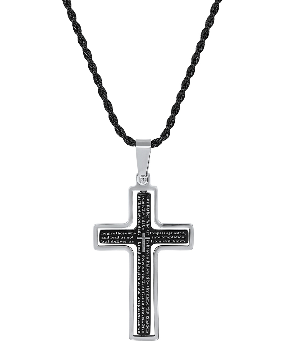 Steeltime Men's Two-tone Stainless Steel "our Father" English Prayer Spinner Cross 24" Pendant Necklace In Black,silver