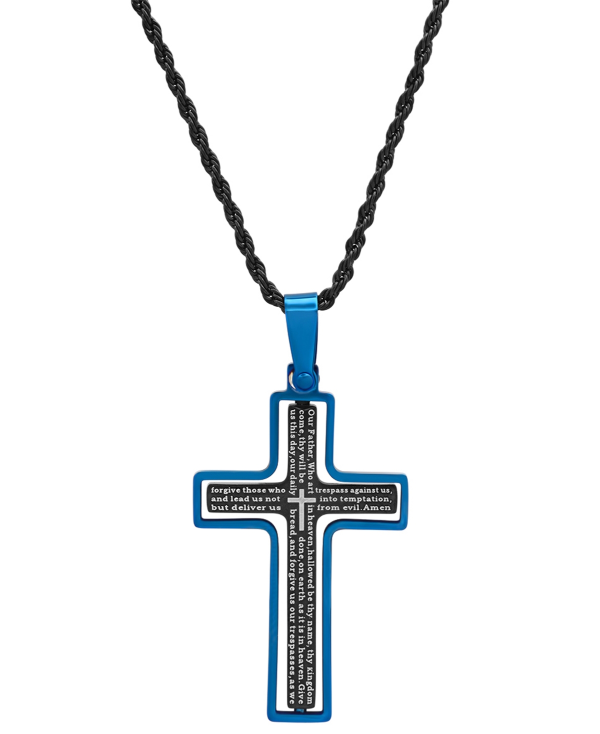 Men's Two-Tone Stainless Steel "Our Father" English Prayer Spinner Cross 24" Pendant Necklace - Black, Silver
