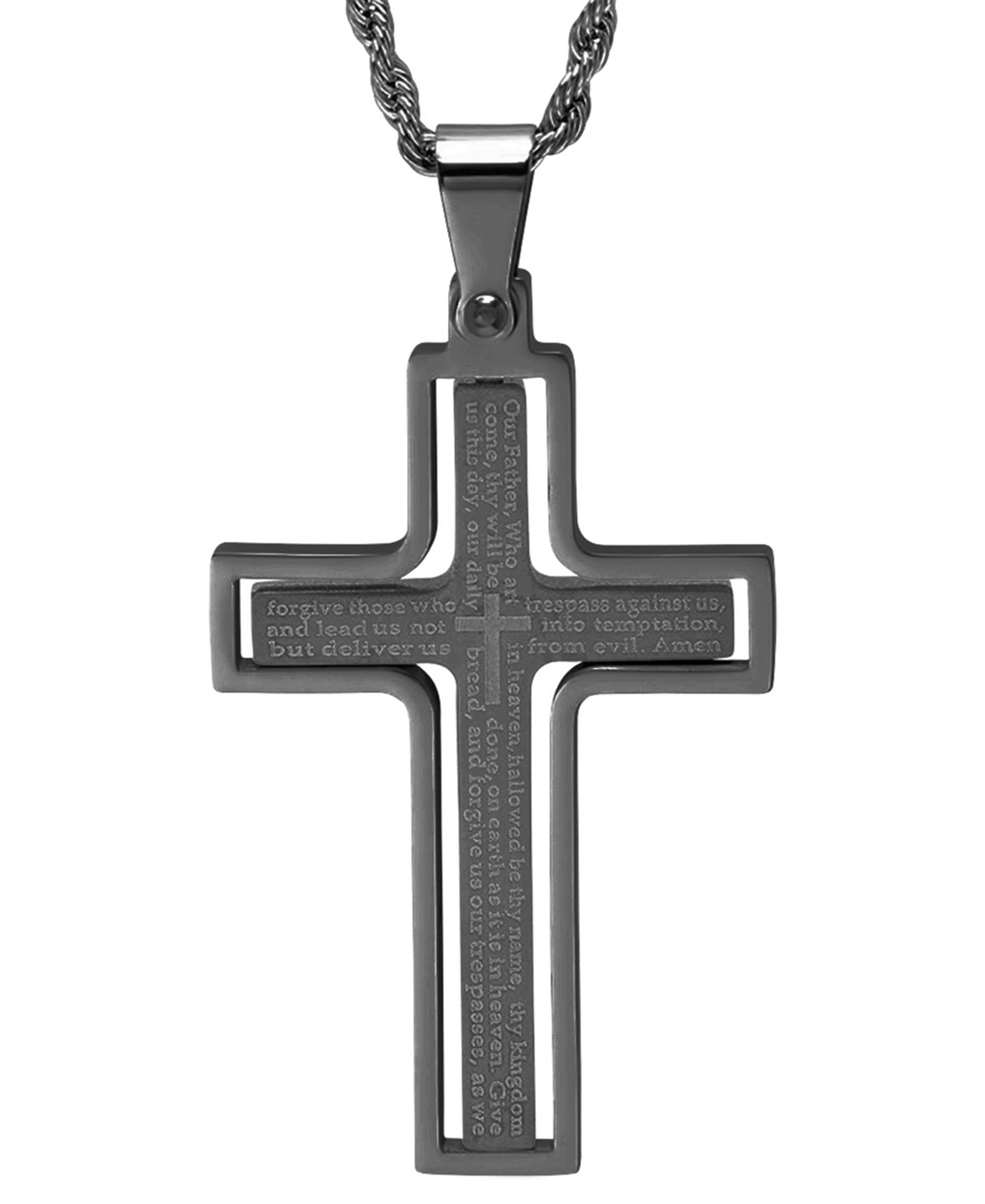 Steeltime Men's Two-tone Stainless Steel "our Father" English Prayer Spinner Cross 24" Pendant Necklace In Black