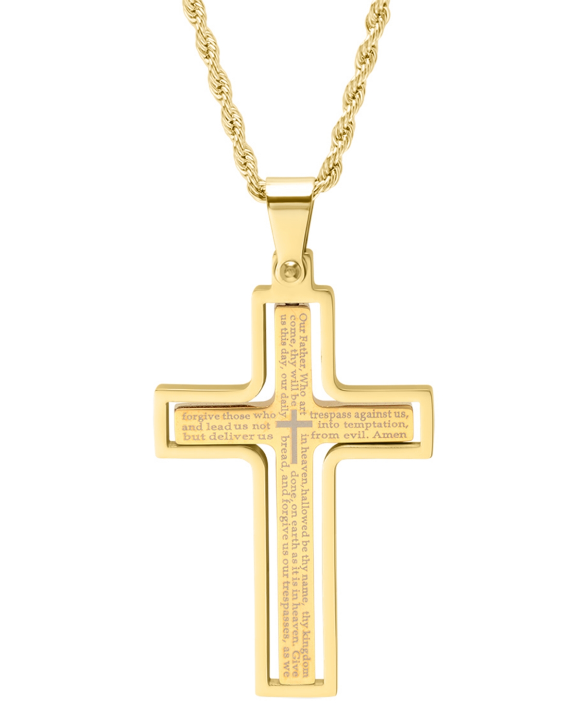 Steeltime Men's Two-tone Stainless Steel "our Father" English Prayer Spinner Cross 24" Pendant Necklace In Gold