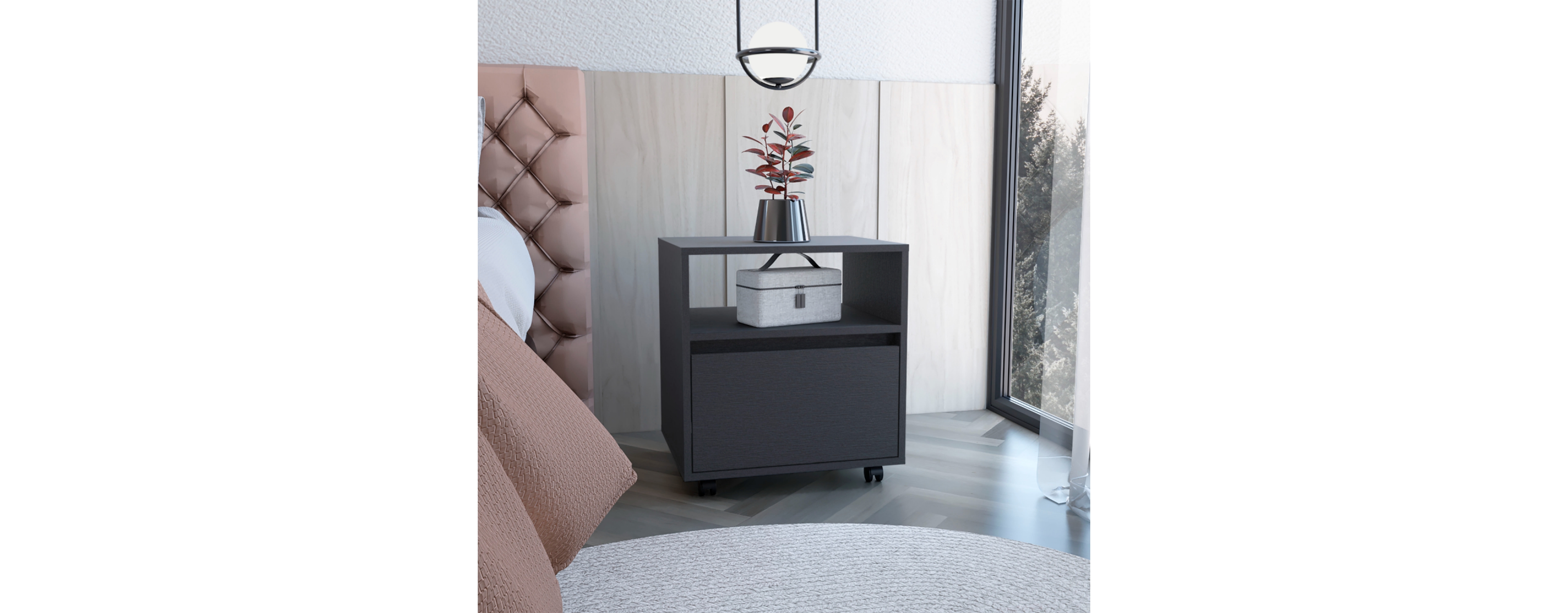 Simplie Fun Austin Nightstand, Casters, Single Drawer-Black