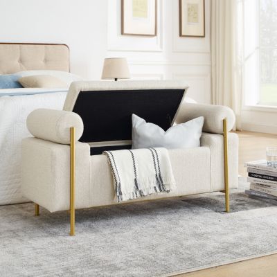 Streamdale Beige Linen Storage Bench with Iron Legs