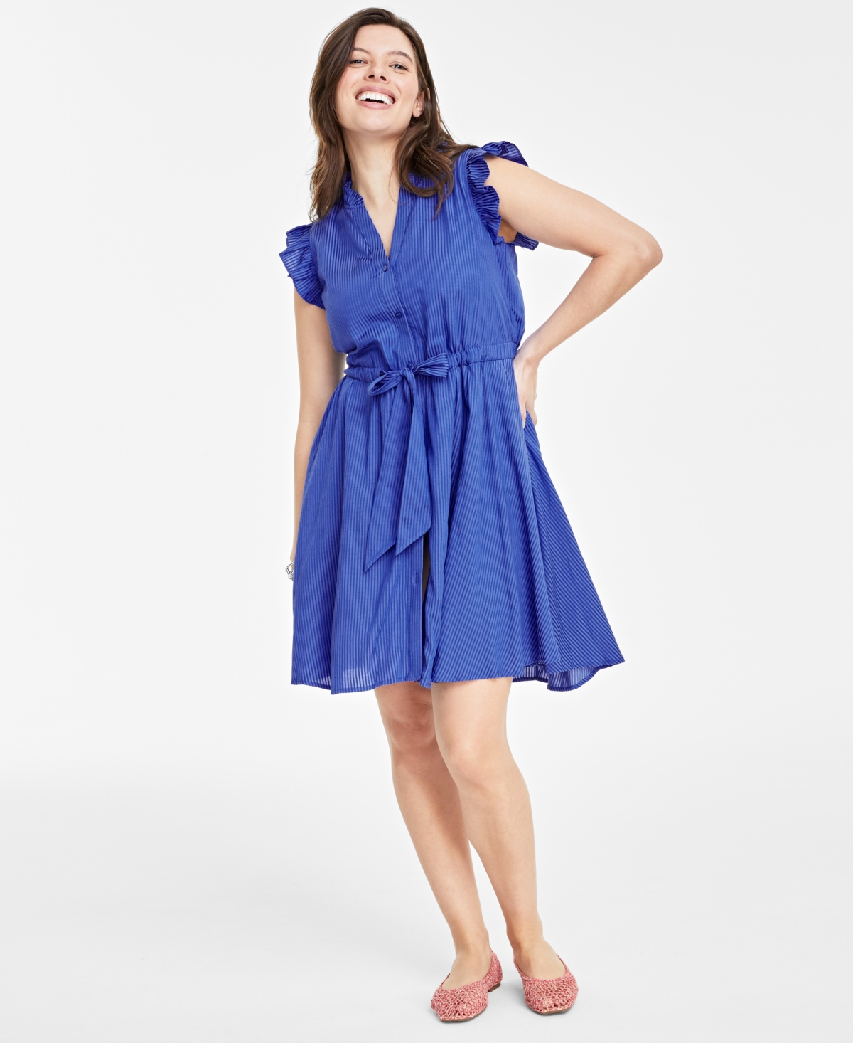 Shop On 34th Ruffled-sleeve Tie-waist Minidress, Created For Macy's In Cobalt Glaze