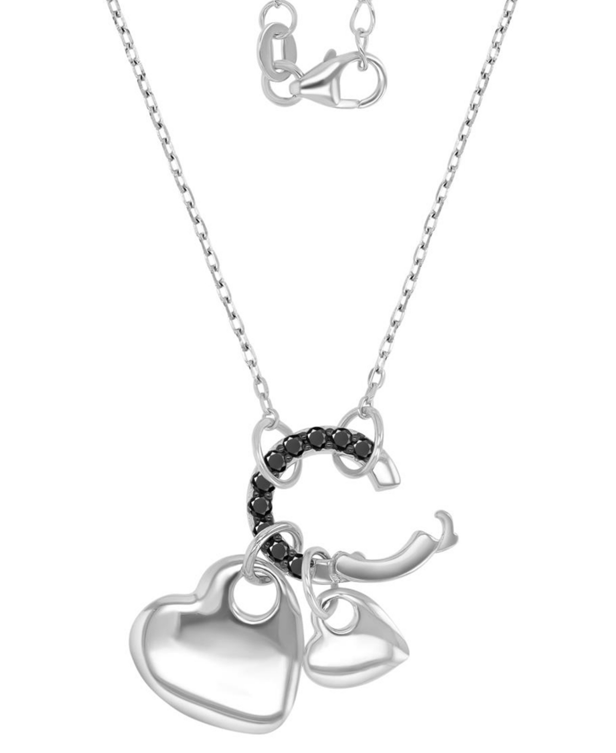 Macy's Black Spinel Double Heart & Ring Pendant Necklace (1/5 Ct. T.w.) In Sterling Silver, 16" + 2" Extend In Black Spinel