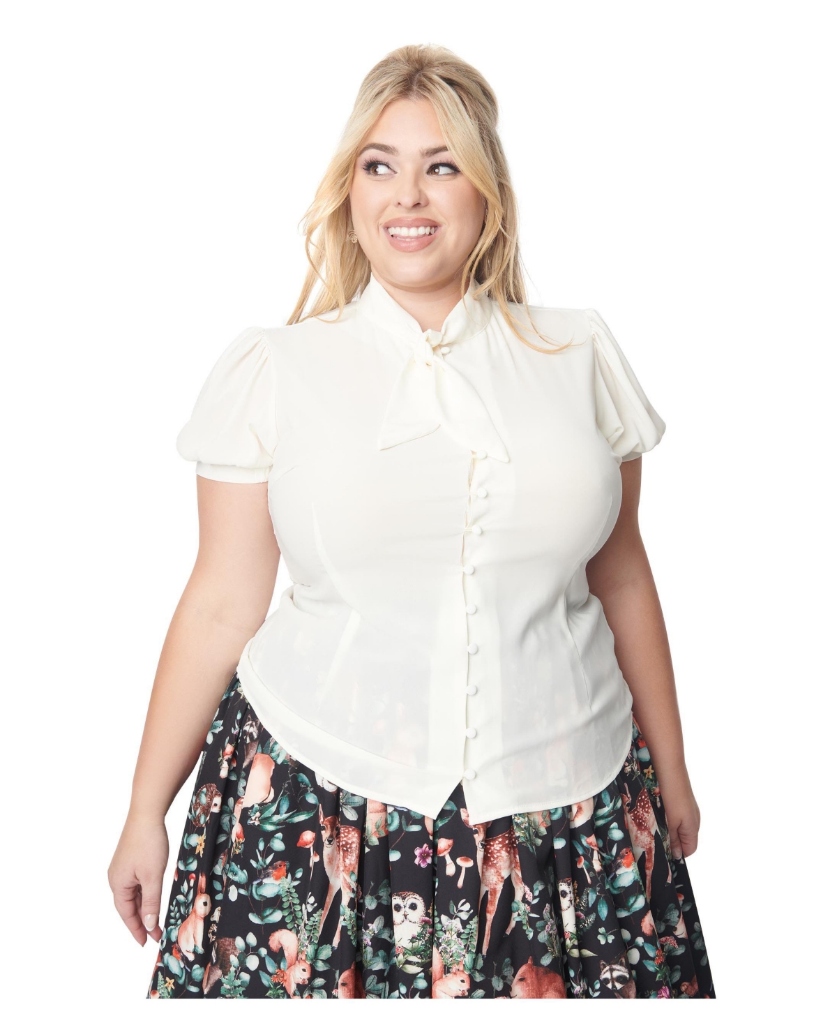 Plus Size Short Sleeve Tie Neck Button Down Fitted Woven Blouse - Ivory