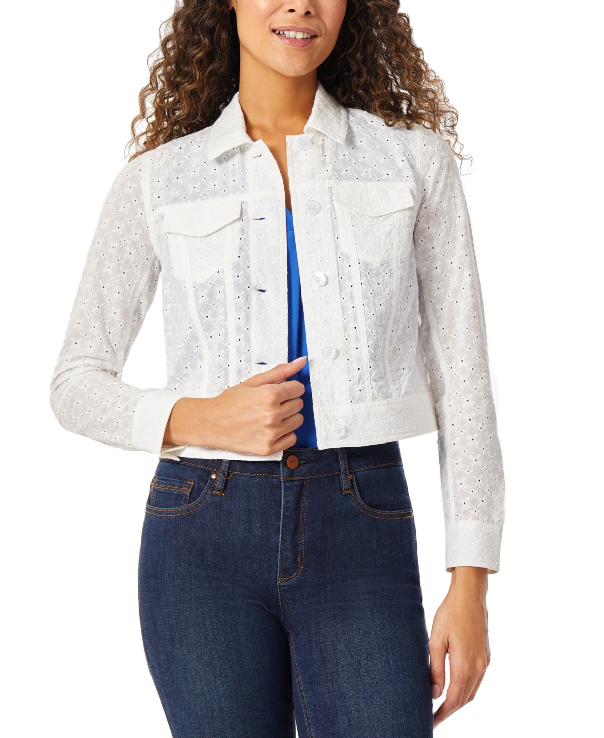 Women's Embroidered Pointelle Button-Down Trucker Jacket - NYC White