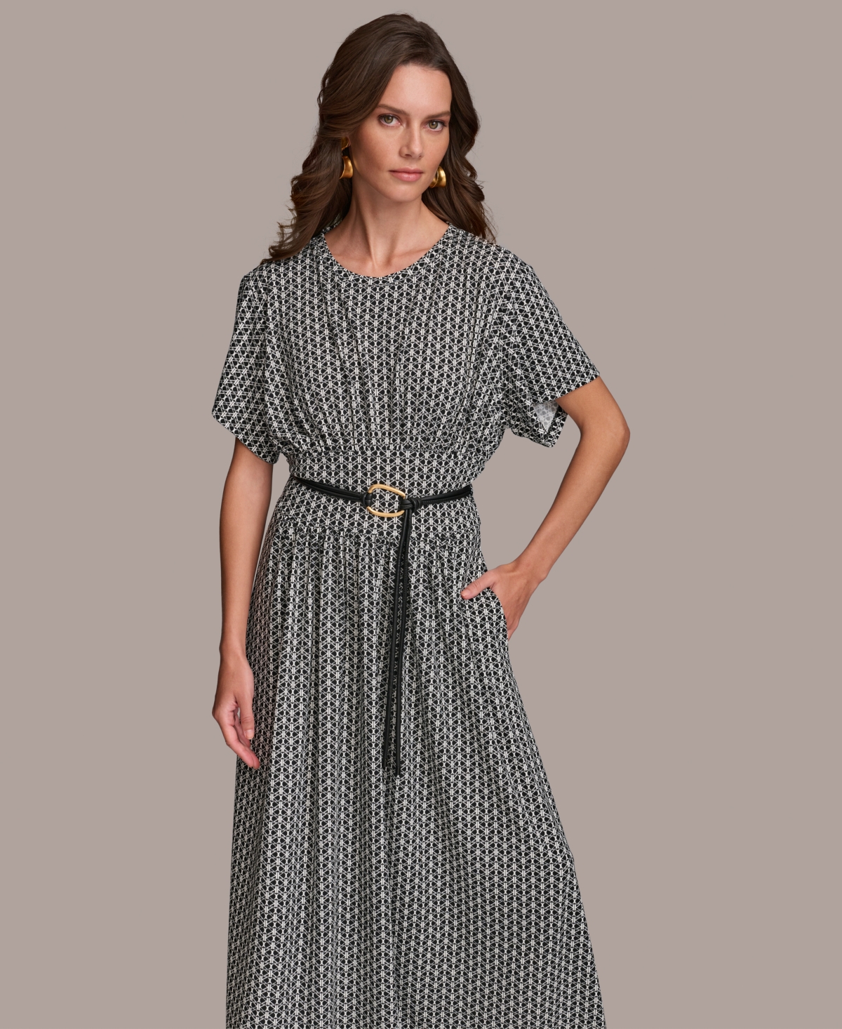 Shop Donna Karan Women's Printed Belted A-line Dress In Black Cream