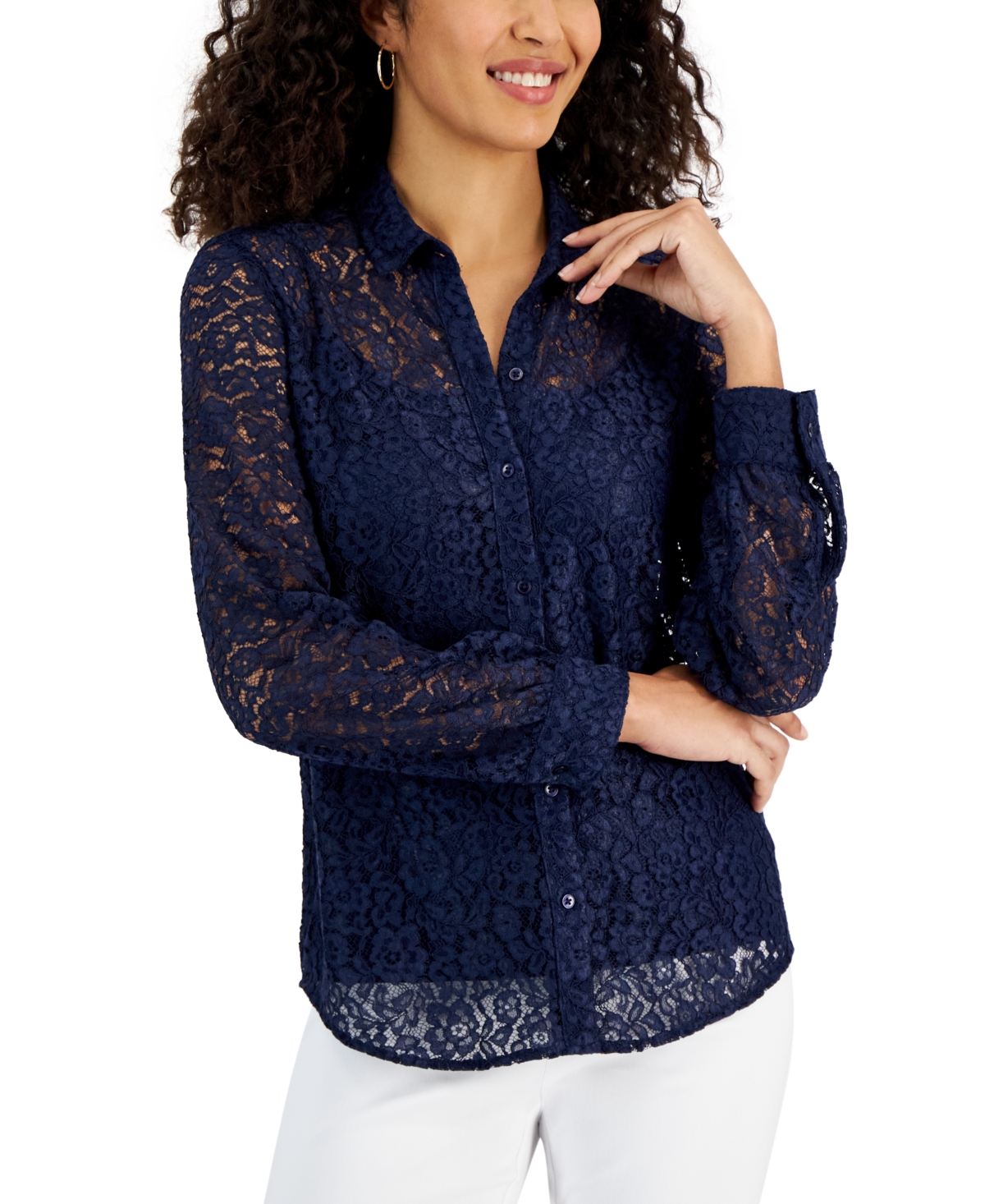 Jm Collection Women's Lace Button-down Long-sleeve Shirt, Created For Macy's In Intrepid Blue