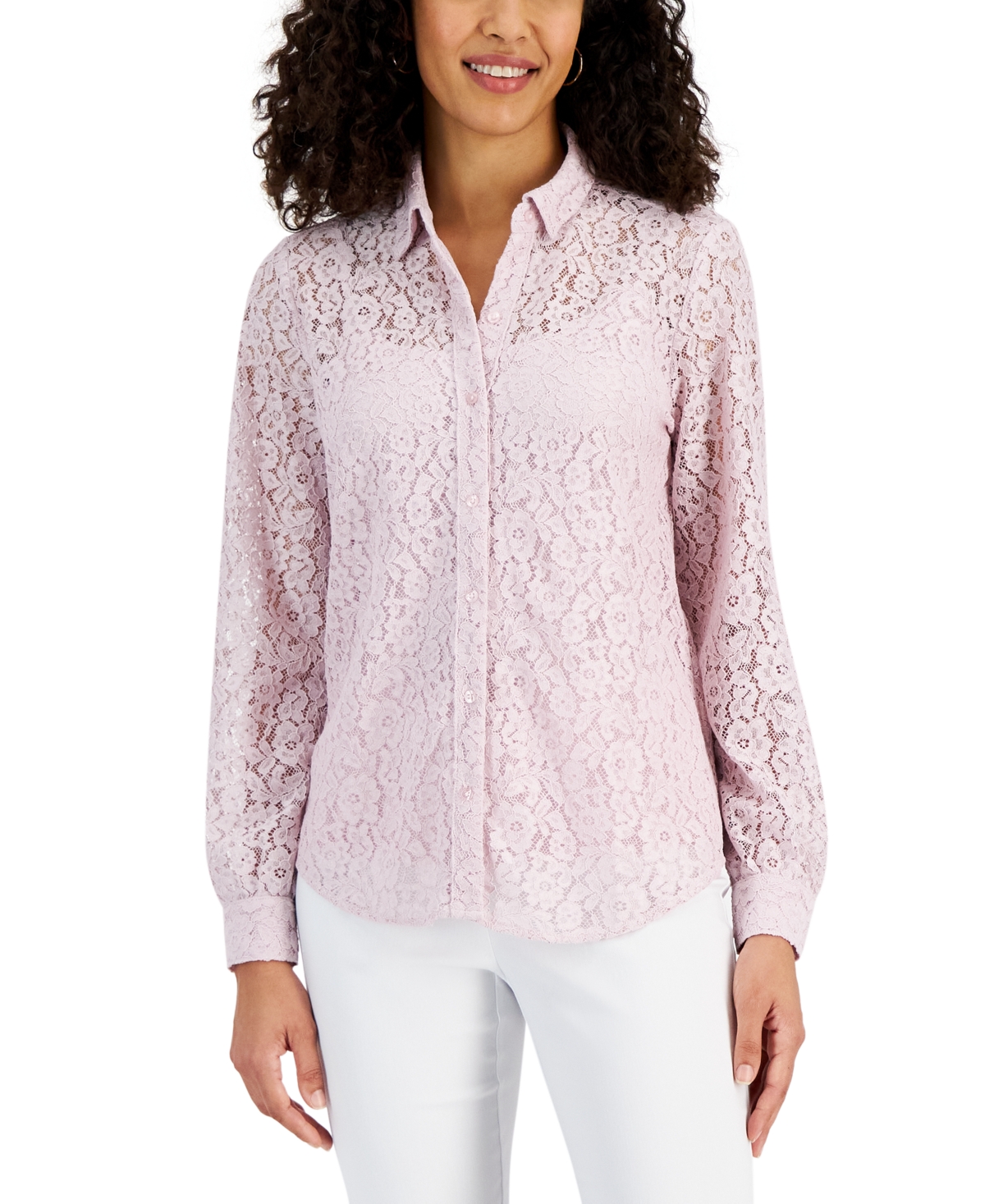 Jm Collection Women's Lace Button-down Long-sleeve Shirt, Created For Macy's In Lilac Sky