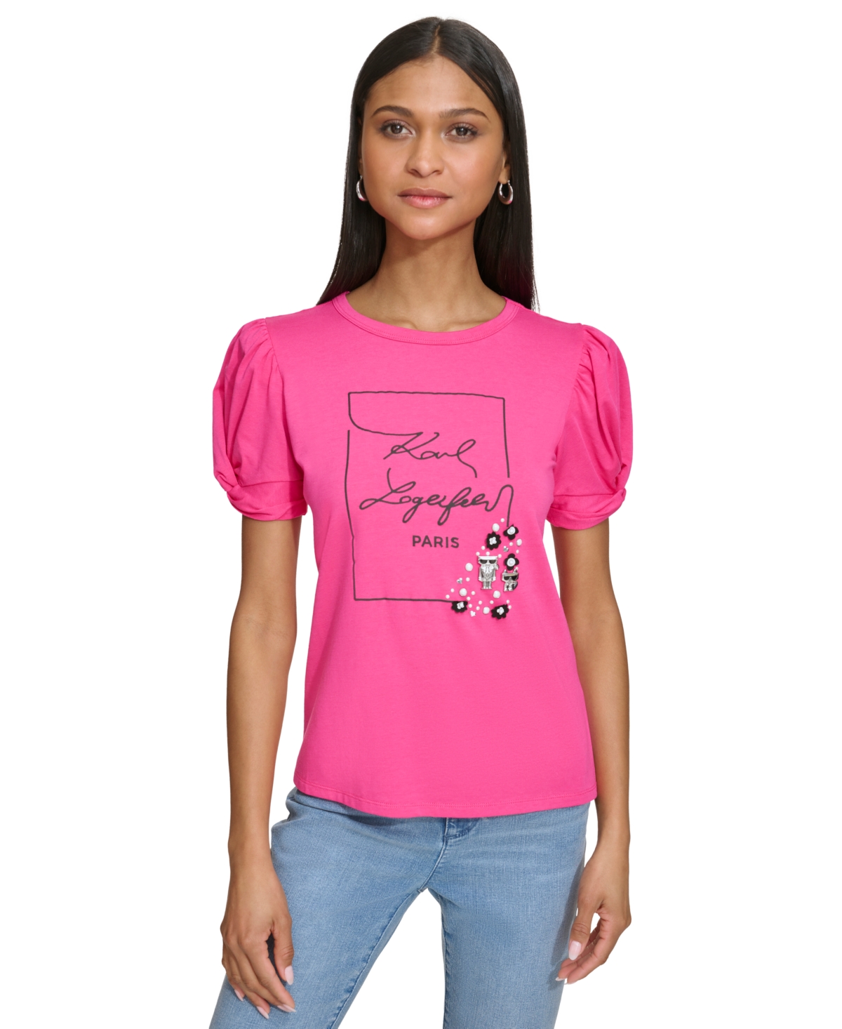 Karl Lagerfeld Women's Embellished Logo Puff-sleeve T-shirt In Fuschia